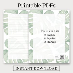 Può includere: Un layout PDF stampabile a due pagine con un bordo di foglie di monstera ad acquerello in tonalità di verde. La pagina sinistra presenta linee orizzontali per scrivere, mentre la pagina destra mostra il testo AVAILABLE IN: English, Español, Français e un codice QR.