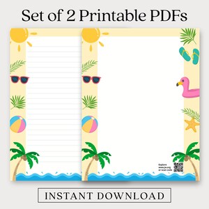 Może przedstawiać: Zestaw dwóch arkuszy papieru listowego PDF do druku z motywem letnim, żółtą ramką, palmami, słońcem, okularami przeciwsłonecznymi, piłką plażową, klapkami, różowym flamingiem i rozgwiazdą. Jeden arkusz jest w linie, a drugi jest czysty.