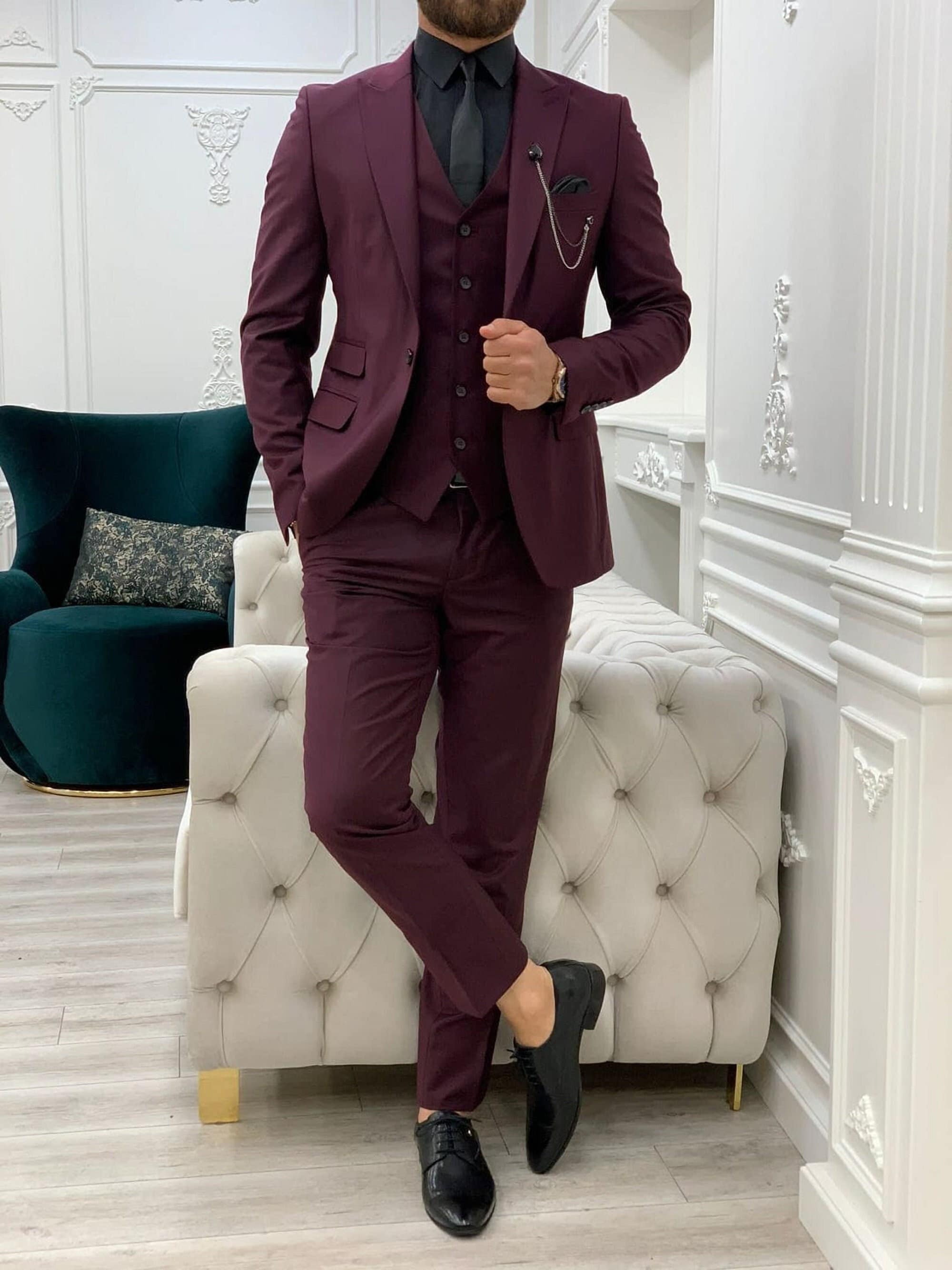 Bin Musab Raw Silk Formal 3 Piece Suit for Men -  BM-000034 Deepberry Yan main image 1