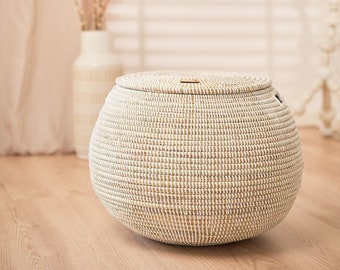 Woven storage basket with lid | Handmade African Kito basket | Decorative modern laundry basket, home decor, gift idea