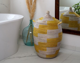 Panier de rangement tressé avec couvercle | Kama de panier africain fait à la main | Panier à linge décoratif moderne, idée cadeau de décoration d'intérieur