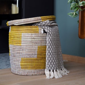 Storage Basket & Laundry Basket with Flat Lid - Kalahari Basket (Yellow/White)