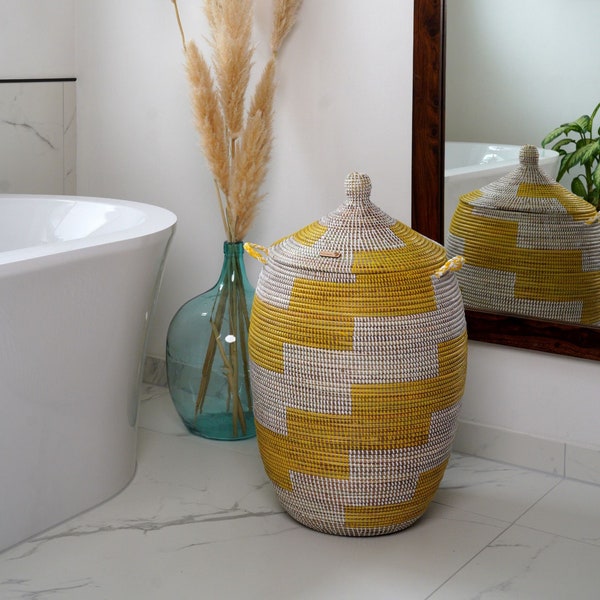 Panier de rangement tressé avec couvercle | Kama de panier africain fait à la main | Panier à linge décoratif moderne, idée cadeau de décoration d'intérieur