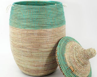 Woven storage basket with lid | Handmade African Napata basket | Decorative modern laundry basket, home decor, gift idea