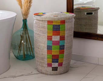 Cesta de almacenamiento trenzada con tapa | Cesta africana hecha a mano Mafory / Cesta de lavandería moderna decorativa Decoración del hogar Idea de regalo