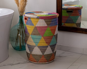 Cesta de almacenamiento trenzada con tapa | Cesta africana hecha a mano Khaliss/Cesta de lavandería moderna decorativa Decoración del hogar Idea de regalo