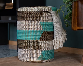 Storage basket & laundry basket with lid – Kumasi basket (white/turquoise/black)