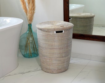 Woven storage basket with flat lid | Handmade African Mazama basket | Decorative modern laundry basket for home decor