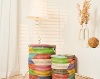 African handcrafted basket set – laundry basket & storage basket made of savannah grass – decorative basket for living room, bathroom and hallway