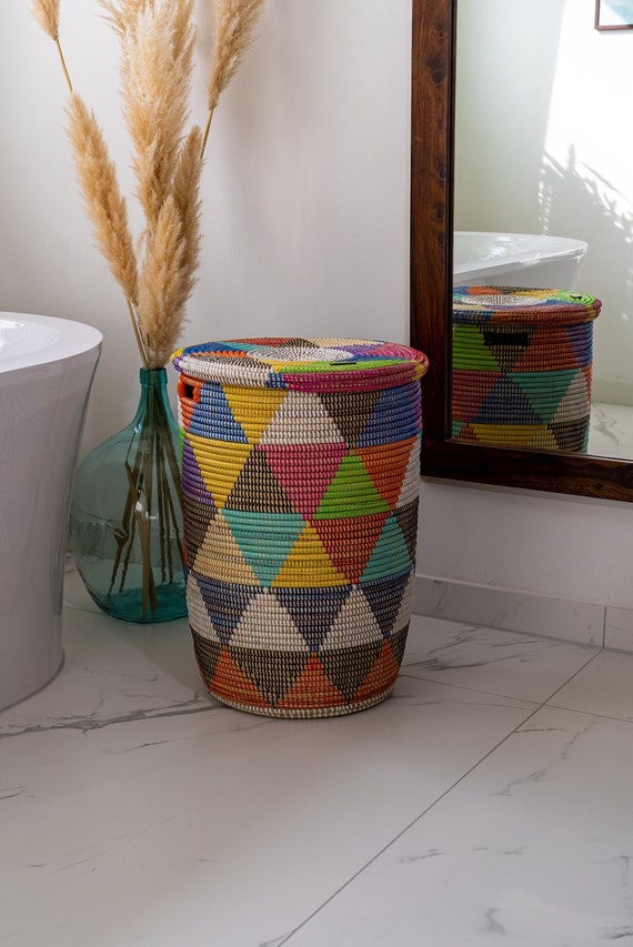Geflochtener Aufbewahrungskorb mit Deckel | Handgemachter Afrikanischer Korb Khaliss|Dekorativer Moderner Wäschekorb Home Decor Geschenkidee