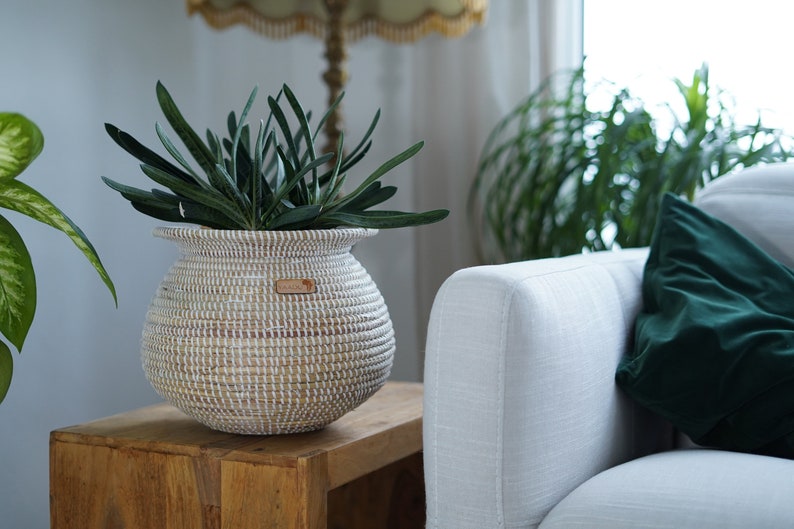 Cesta africana para plantas – Cesta Kwame (blanca) – aprox. 20 x 20 cm – tejida con hierba de la sabana africana – para plantas o como cesta decorativa imagen 6