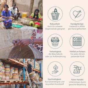 Puede incluir: Imagen de personas que fabrican y venden cestas tejidas de colores. Las cestas est&aacute;n hechas de hierba de sabana y pl&aacute;stico reciclado. La imagen tambi&eacute;n muestra texto que dice "Hecho a mano en &Aacute;frica" y "Comercio justo".