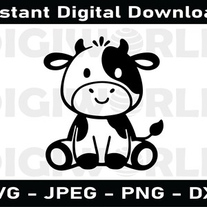 Cute Cow SVG, Cow SVG, Animal SVG, Instant Downloads in Black & White, svg, png, dxf, jpg digital download, cut Files