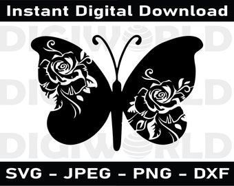 Mariposa floral SVG, Mariposa con flor SVG, Descargas instantáneas en blanco y negro, svg, png, dxf, jpg descarga digital, archivos cortados