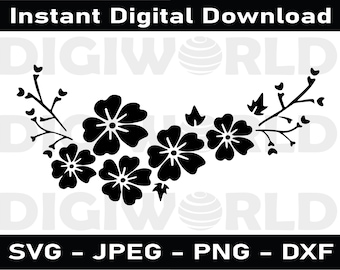 Flower Vine SVG, Floral SVG, Descargas instantáneas en blanco y negro, svg, png, dxf, jpg descarga digital, archivos cortados