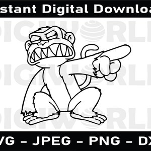 Puede incluir: Un dibujo en blanco y negro de un mono enojado apuntando hacia la derecha. El mono tiene una boca grande con dientes afilados y el ceño fruncido.