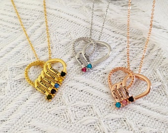 Personalize Name Birthstone Necklace,Gold Heart Name Necklace,Family Name Jewellery,Christma Gift for Mom,Birthday Gift for Her,Wedding gift