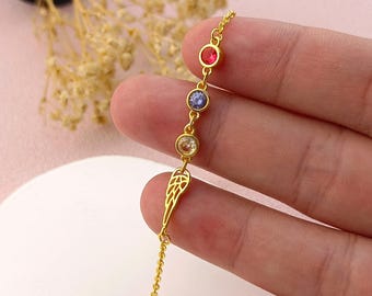 Pulsera de alas de ángel con piedra de nacimiento • Pulsera con piedra de nacimiento personalizada • Regalos para ella • Regalo de Navidad