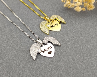 Personalized Hidden Name Necklace • Guardian Angel Wings Necklace • Custom Name Necklace • Heart Necklace •  Mother's Day Gift