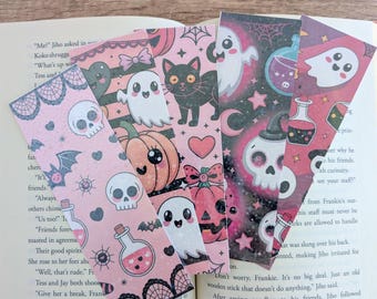 Roze holografische bladwijzer voor Halloween, schattige Ghost and Coquette Pumpkin Trick Or Treat Halloween-bladwijzer voor tween Girls