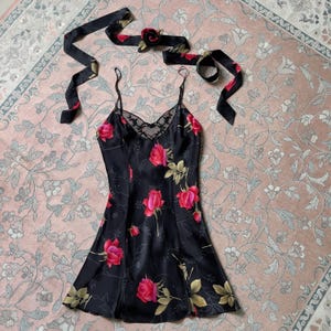 Vintage 1990s Black Floral Silk Mini Slip Dress (XS)