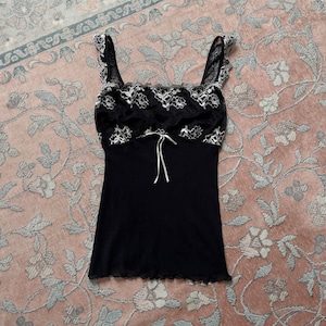 Adorable Y2K Black Floral Embroidered Mesh Semi-Sheer Camisole (XS-S)