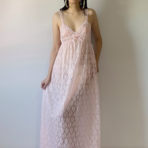 Vintage 1980s Pink Lace Sheer Slip Gown (S–M)