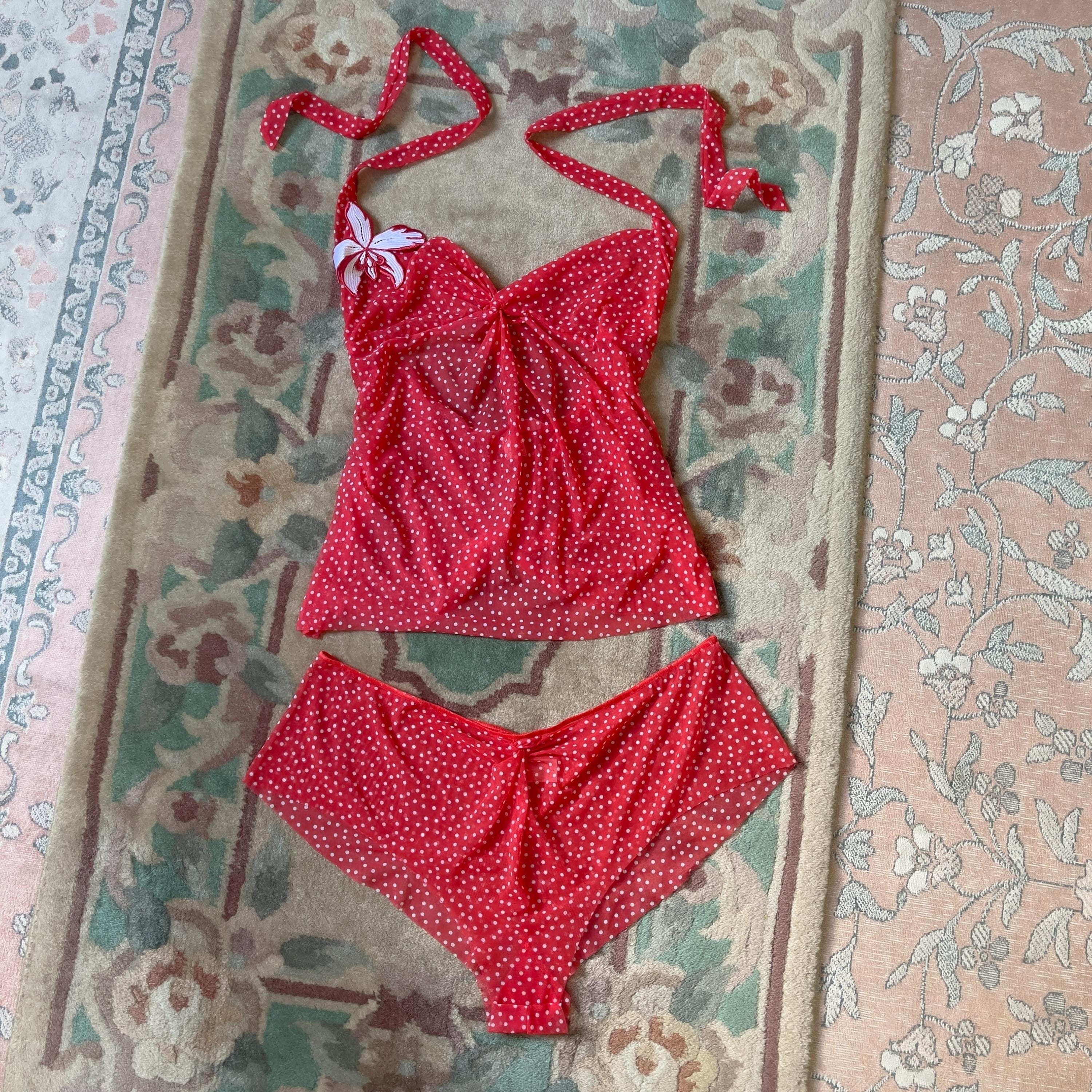Vintage Victoria's Secret 2000s Red Polka Dot Sheer Babydoll Set
