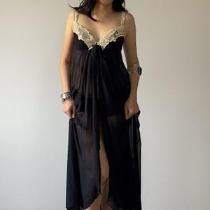 Vintage 1990s Black Chiffon Lace Semi-Sheer Open Front Nightgown (S–M)