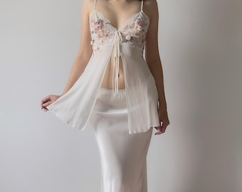 Canotta vintage anni 2000 in chiffon di seta avorio e pizzo (M)