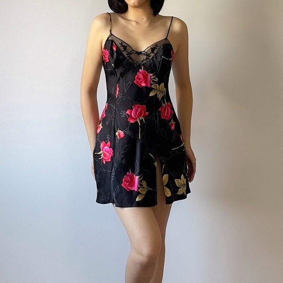 Vintage VS Black Floral Silk Mini Dress (XS) - image 4