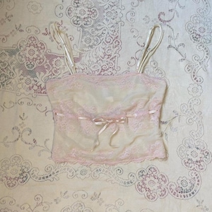 Adorable Y2K Cream Pink Floral Mesh Camisole (M-L)