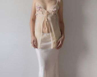 Canotta vintage anni 2000 in chiffon di seta color crema e pizzo (taglia S)