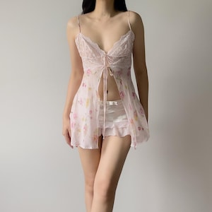Vintage 1990s Pink Lace & Floral Silk Sheer Camisole (Small)