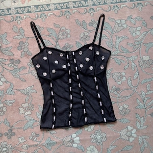 Vintage Black Floral Mesh Semi-Sheer Camisole (Small)