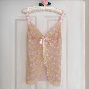 Vintage Y2K Pink Floral Embroidered Mesh Semi-Sheer Camisole (S–L)
