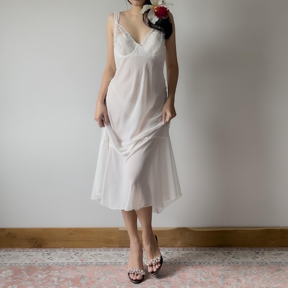 Romantic 2000s Soft White Semi-Sheer Chiffon Slip Dress (M)