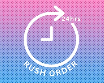 May include: White graphic on a pink and blue gradient background with a circle and clock hands, an arrow pointing to the right, and the text "24hrs". Below the circle is the text "RUSH ORDER".