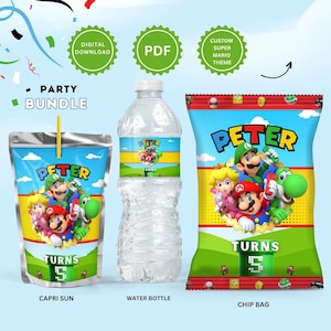 May include: A Super Mario themed party bundle with a Capri Sun juice pouch, a water bottle, and a chip bag. Each item features a colorful design with Mario, Luigi, Peach, and Yoshi characters. The text "Peter Turns 5" is printed on each item.