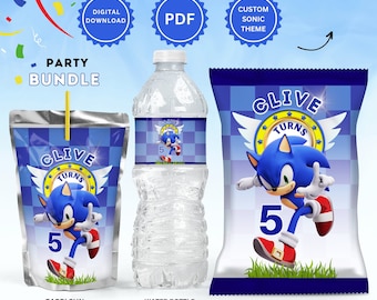 Personalised chip bags for birthday, birthday favours, chip bags, sonic theme, party favours, digital download, sonic chip bags