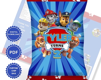 Personalised chip bags, birthday favours, party favours, Paw patrol theme, Paw patrol chip bags, digital print chip bag, digital download