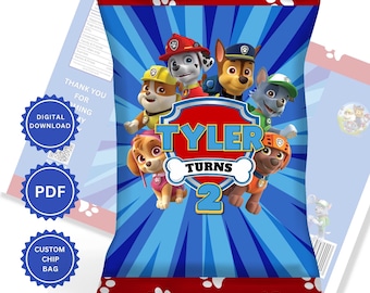 Sacchetti di patatine personalizzati, bomboniere di compleanno, bomboniere per feste, tema Paw Patrol, sacchetti di patatine Paw Patrol, sacchetto di patatine con stampa digitale, download digitale