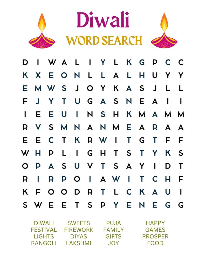 Diwali Printable Games, Diwali Printable Word Search - Etsy