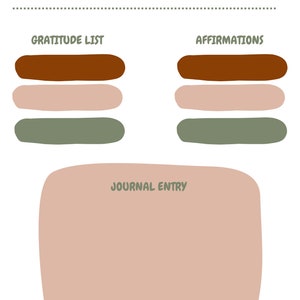 May include: A Daily Gratitude Journal page with the title at the top. The page is divided into sections for a gratitude list, affirmations, and a journal entry. The color scheme includes brown, pink, and green.