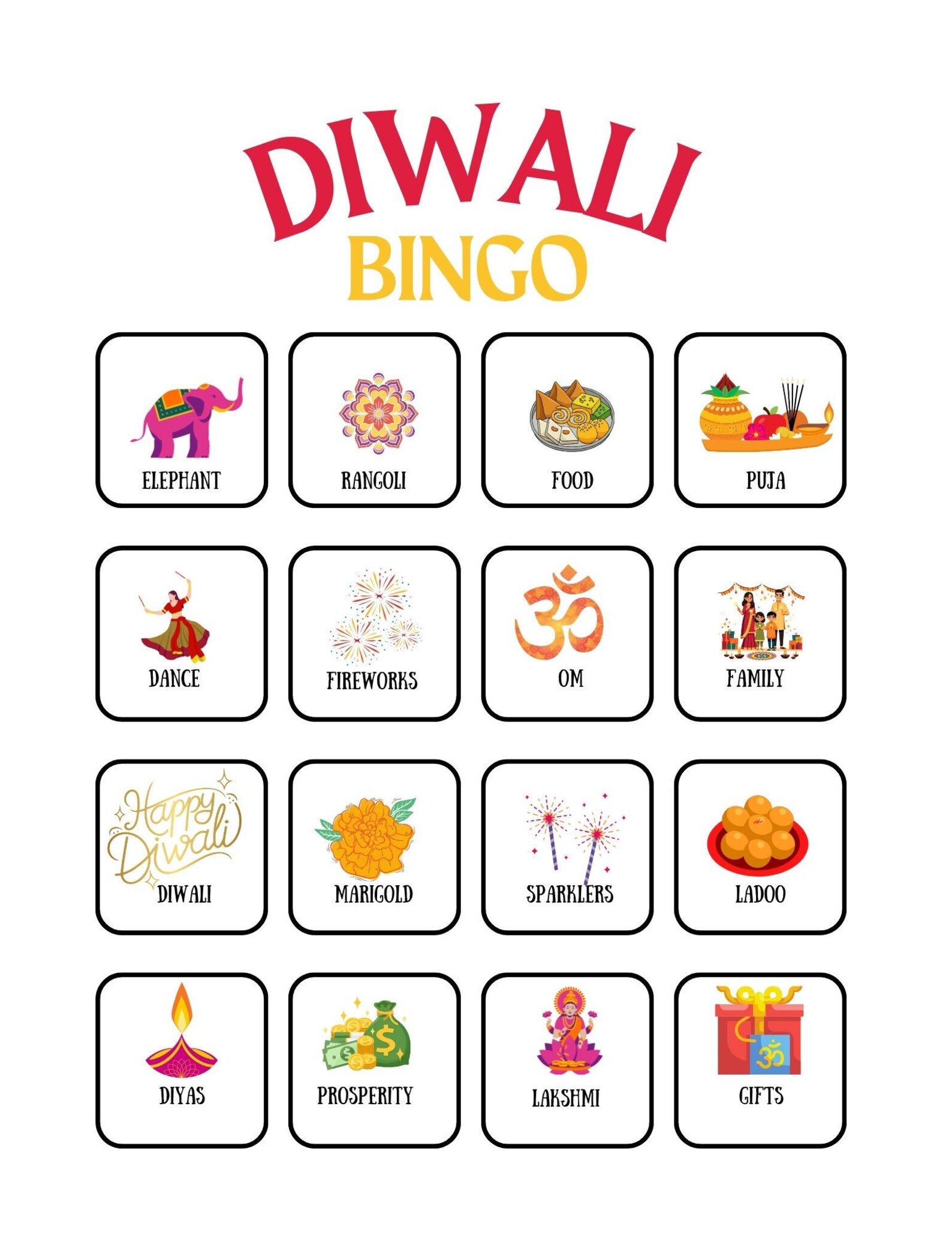 Diwali Printable Games, Diwali Printable Bingo Printable Diwali Bingo ...