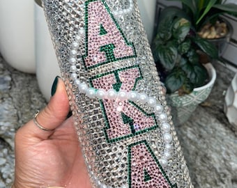 Personalized Alpha Kappa Alpha bling tumbler-AKA-Custom rhinestone tumbler-Pearls-Ivy Leaf-20 pearls-Sorority Gifts for Her