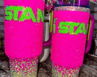 Bling Stanley Quencher-40oz and 30oz Hot Pink Green Stanley Tumbler-Matching Bling AKA Refillable Pen-Gifts For Her-Sorority Gifts Tumbler