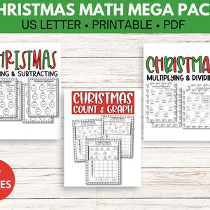 Può includere: Un set di 27 fogli di lavoro di matematica di Natale stampabili per bambini. I fogli di lavoro includono attività di addizione e sottrazione, moltiplicazione e divisione, e conteggio e grafici. I fogli di lavoro presentano un tema natalizio con immagini di ornamenti, bastoncini di zucchero e altri oggetti festivi.