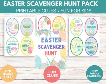 May include: Printable Easter scavenger hunt game with colorful clues featuring bunnies, eggs, and flowers. The game includes one blank sheet for creating your own clues.  The text on the cards reads "Easter Scavenger Hunt" and "Fun Clues".
