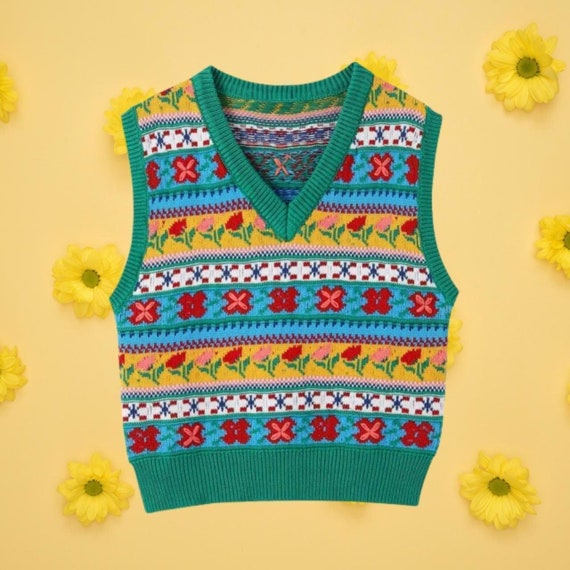 RewoStore Floral Knit Jacquard Vest, Sweater, Vintage V Neck Sleeveless Waiscoat, Top